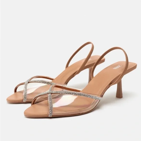 Zara Beige Rhinestone Heeled Vinyl Sandals - Picture 2 of 6